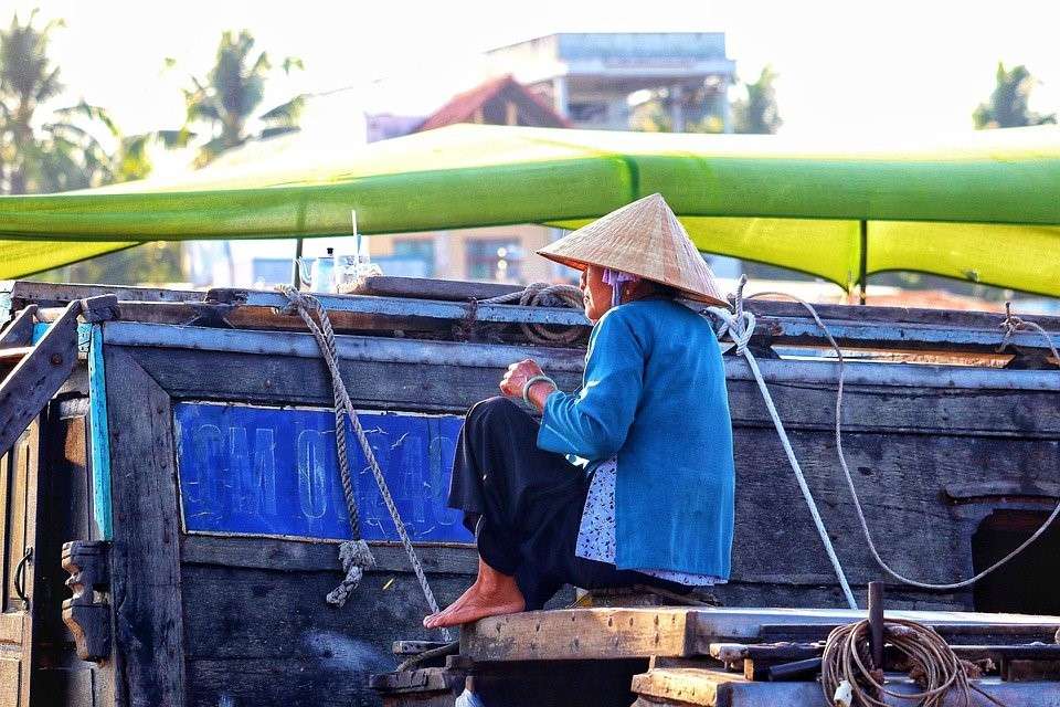 Vietnam, Saigon, Femme, Chapeau, Navire, River, Mékong